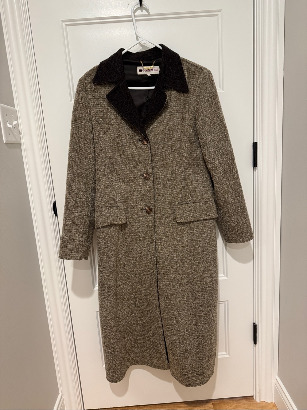 Long Herringbone Trench Coat with Contrast Collar - Brown